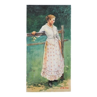 Late 20th Century Woman Leaning on Fence Watercolor Painting For Sale