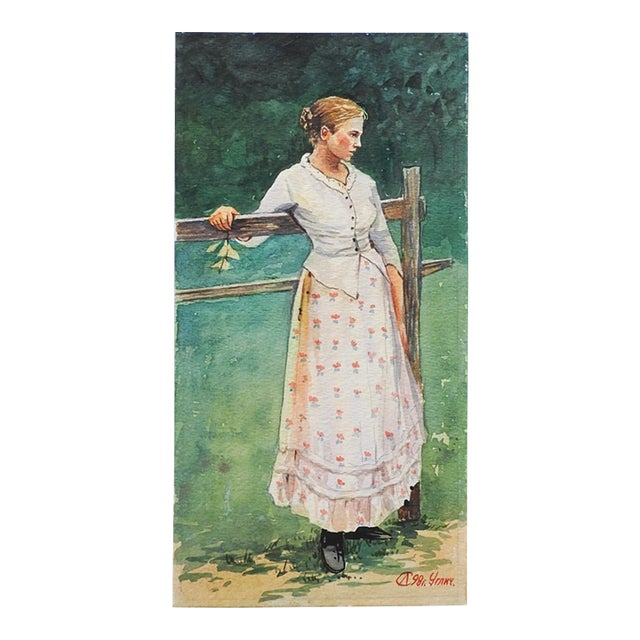 Late 20th Century Woman Leaning on Fence Watercolor Painting For Sale