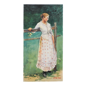 Late 20th Century Woman Leaning on Fence Watercolor Painting