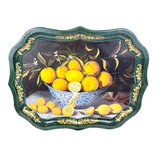 Large Vintage 1993 Ian Logan of London Lemon Bowl Tole Painted Metal Serving Tray For Sale