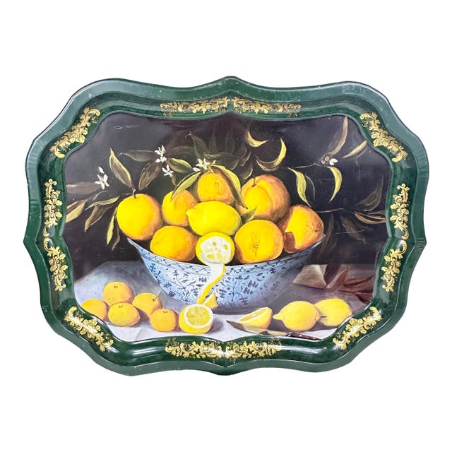 Large Vintage 1993 Ian Logan of London Lemon Bowl Tole Painted Metal Serving Tray For Sale