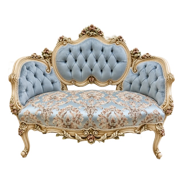 Luxury French Louis XV Style Settee – Sky Blue Damask Upholstery With Hand-Finished Gold Leaf Frame For Sale