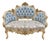 Luxury French Louis XV Style Settee – Sky Blue Damask Upholstery With Hand-Finished Gold Leaf Frame For Sale