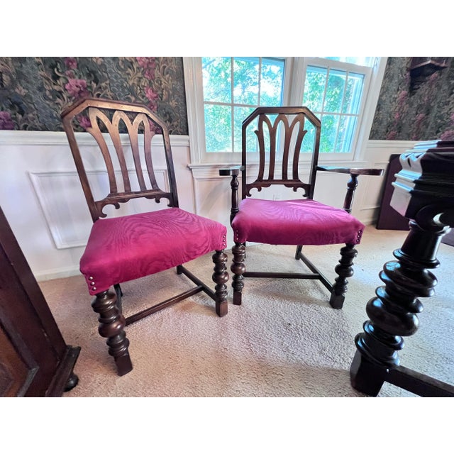 Wood Jacobean Revival Mahogany Dining Table W/Leaves and Pads, Plus 6 Chairs - Set of 7 For Sale - Image 7 of 8