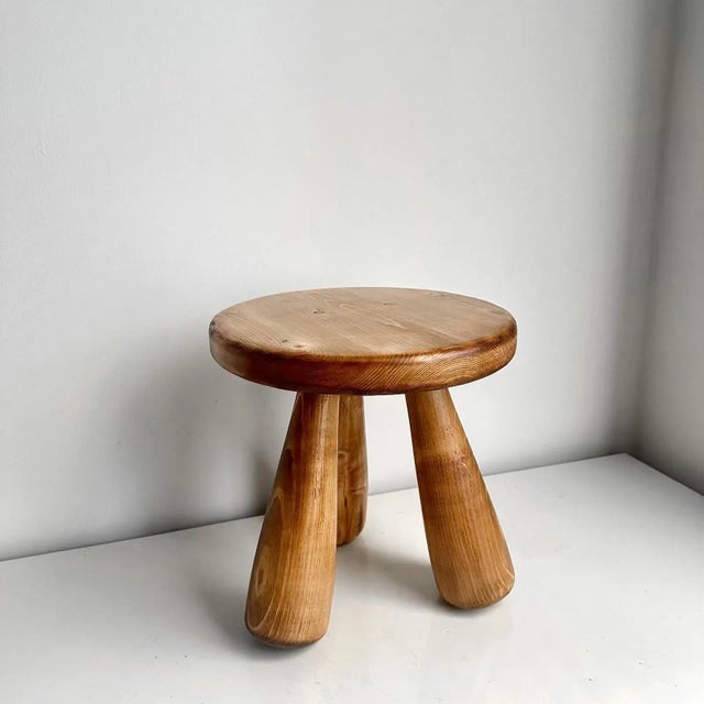 French 1990s French Brutalist Wooden Tripod Stool Attributed to Charlotte Perriand For Sale - Image 3 of 4