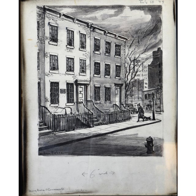 This evocative black and white drawing by William Fisher, measuring 18" x 23", captures a quintessential street scene,...