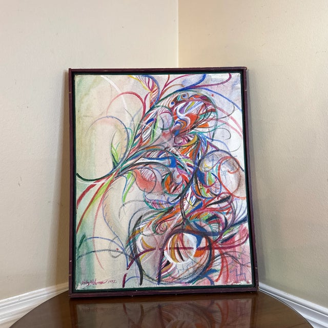 Infuse your space with energy and movement through this dynamic vintage abstract painting, signed and dated 1992 by the...