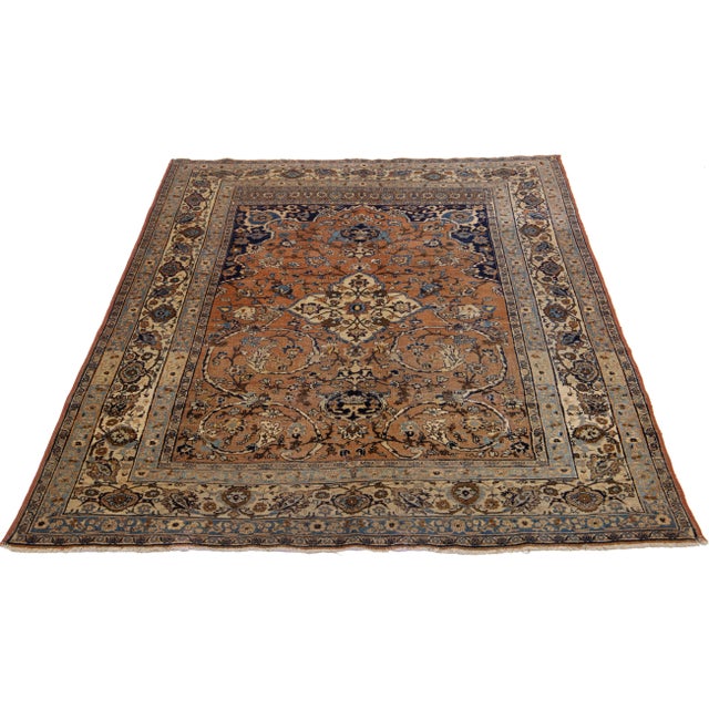 Persian 1900s Brown Antique Tabriz Handmade Medallion Designed Persian Wool Rug For Sale - Image 3 of 11