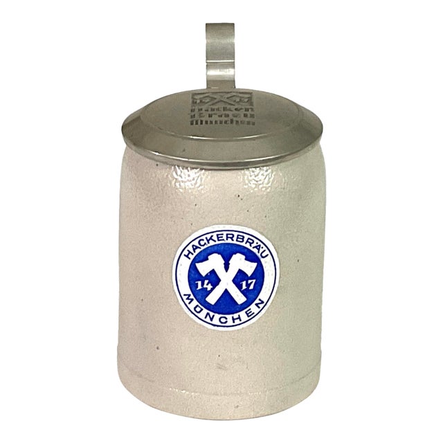 1970s Hackerbrau Munchen-Germany-Stoneware and Pewter Lid-1/2 Liter Stain For Sale