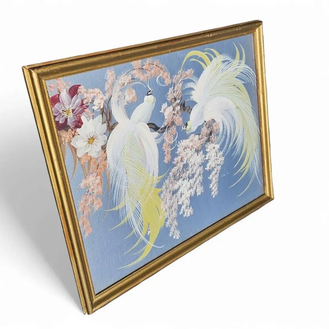 Silver Vintage Bird Painting on Silver Board – Mid-Century Modern Gold Frame Artwork For Sale - Image 8 of 10