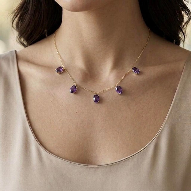 Contemporary Amethyst 5 Stone Dangling Necklace | February Birthstone Handmade Necklace For Sale - Image 3 of 4