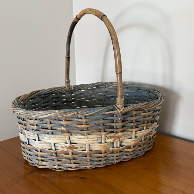 Vintage Gray Gathering Basket With Bunny Rabbit Motif For Sale - Image 6 of 11