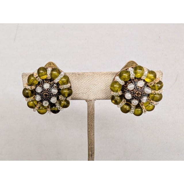 1960s Vintage 1960s Signed Ornella Italy Round Green Beaded Clip Earrings-2 Pieces For Sale - Image 5 of 8