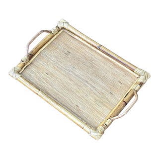 Mid-Century Rattan Wrapped Bamboo Serving Tray With Handles For Sale