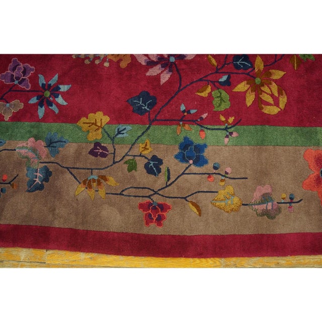 1920s Ruby Red Floral Vase Antique Chinese Art Deco Knotted Wool Rug 9' X 11'9" For Sale - Image 10 of 10