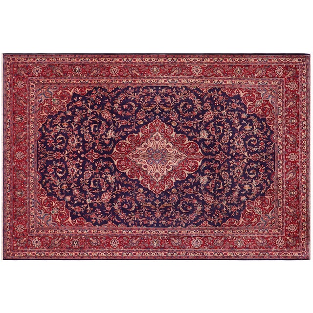 Blue Shabby Chic Persian Kashan Blue/Red Wool Rug - 9'8'' X 12'10'' For Sale - Image 8 of 10