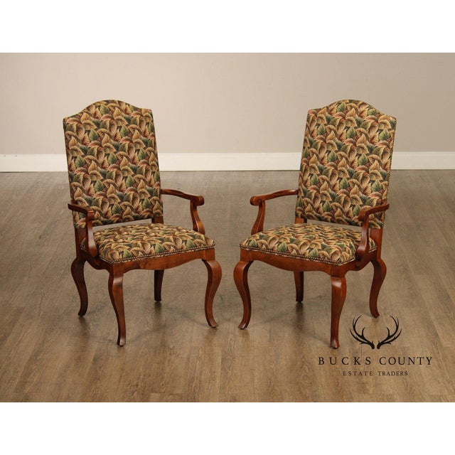 Elegant Pair of Ethan Allen Armchairs Featuring Graceful Cabriole Legs and Curved Arms in a Rich Wood Finish. Each Chair...