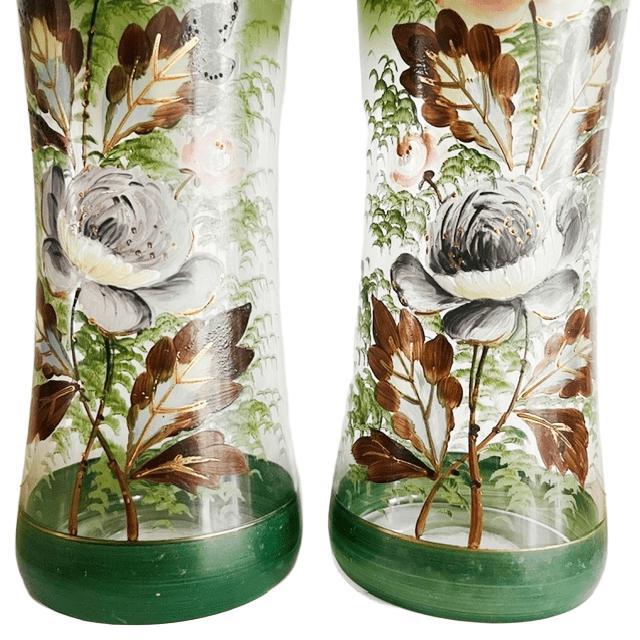 Antique Victorian Art Nouveau Gilded Gold Hand-Painted Flowers Green Glass Vases, 1900s, Set of 2 For Sale - Image 3 of 6