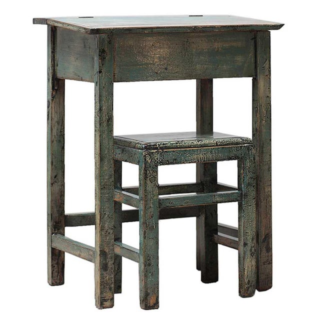 Antique Distressed Lacquer Desk and Stool, Set of 2 For Sale - Image 4 of 4