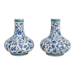 Pair of Blue & White Floral Porcelain Vases For Sale