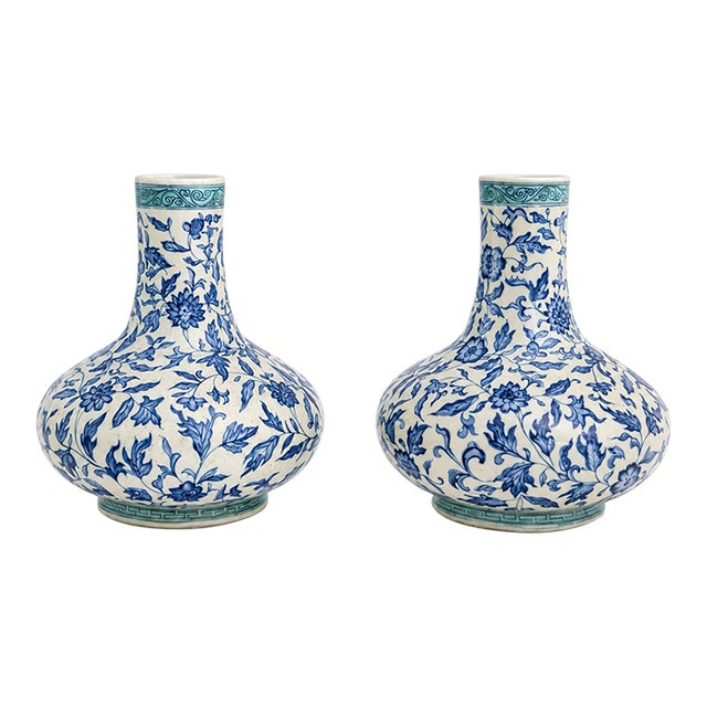 Pair of Blue & White Floral Porcelain Vases For Sale