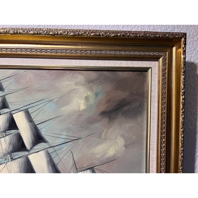 Late 20th Century Listed Artist Renato Longanesi Large Italian Oil Painting Tall Ship Seascape For Sale - Image 5 of 10