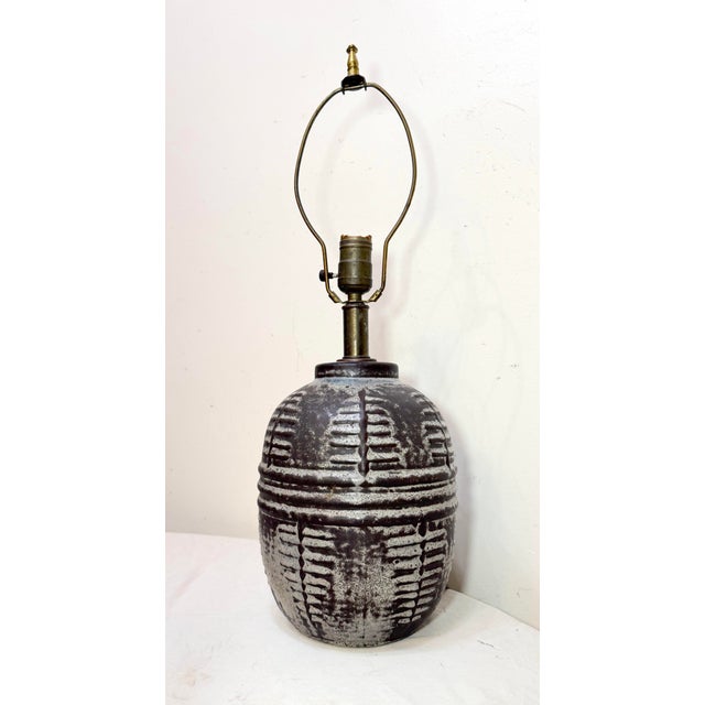 Antique Handmade Brutalist Black Gray Terracotta Pottery Electric Table Lamp For Sale - Image 4 of 12