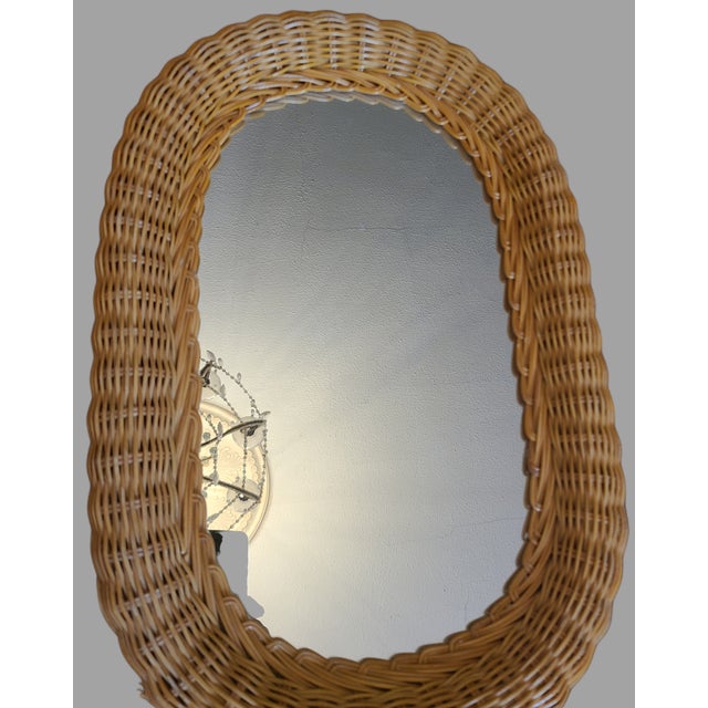 Late 20th Century Vintage Coastal Tropical Boho Natural Wicker Rattan Wall Mirror Decor Oval For Sale - Image 5 of 8