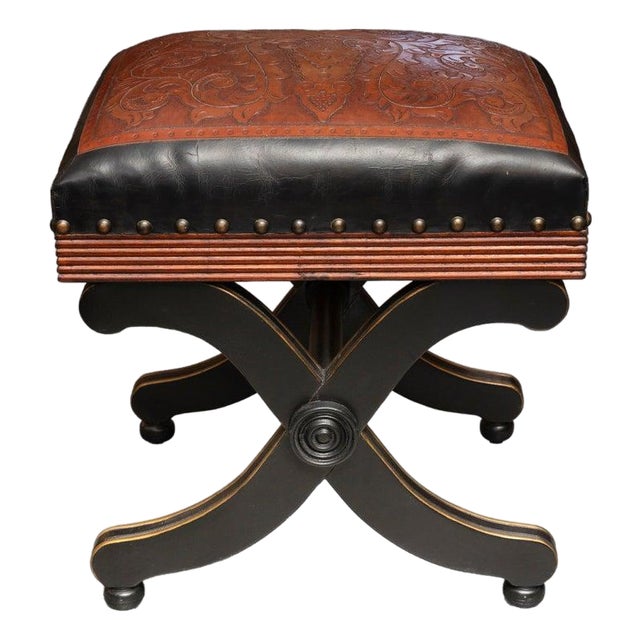 Mid 20th Century One of an Identical Pair of Leather-Upholstered X-Frame Ottomans For Sale