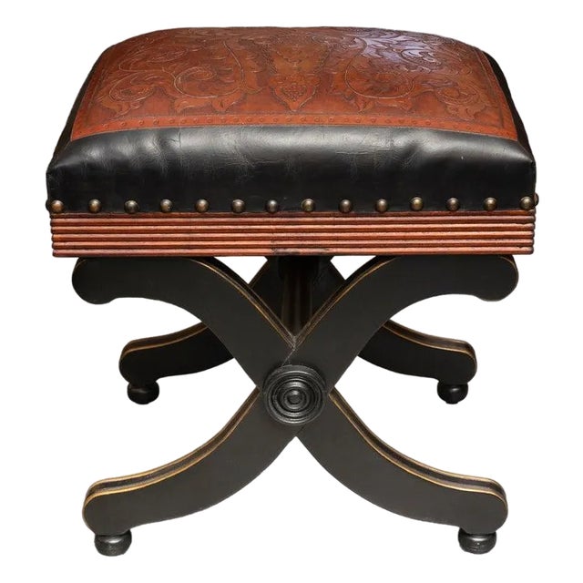 Pair of Leather-Upholstered X-Frame Ottomans For Sale