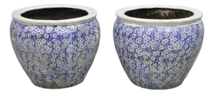 Antique Chinoiserie Large Blue White Terracotta Jardiniere Planters - Set of 2