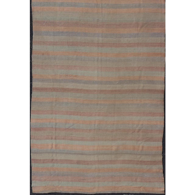 Tribal Vintage Turkish Kilim Gallery Runner With Soft Stripes in Sage, Peach, and Sand For Sale - Image 3 of 12
