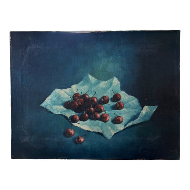 Vintage Still Life Oil Painting With Cherries Blue Signed Ivanisevic For Sale