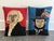 Fun pair of hooked wool pillows featuring George Washington on a red ground and Abraham Lincoln on a blue ground. Folk Art...