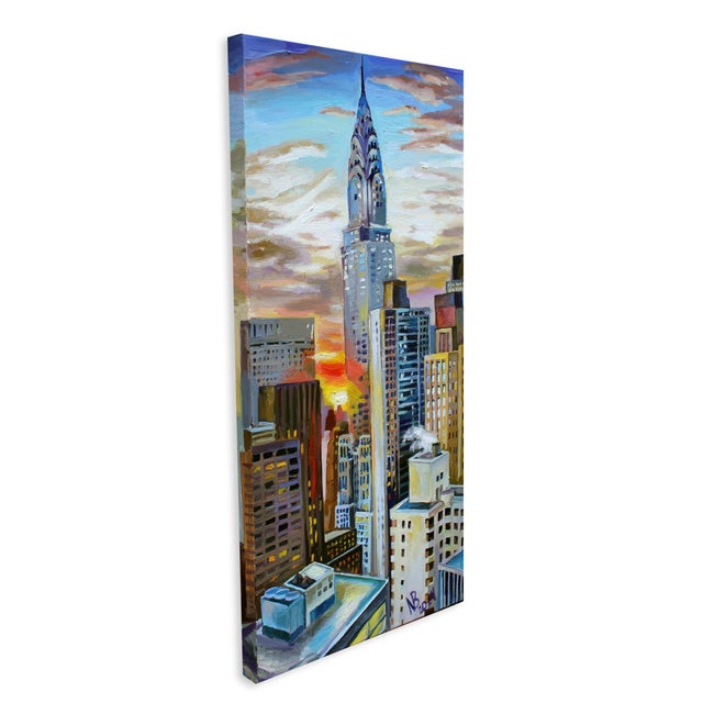 Painting of aerial view of sunset over Chrysler Building on gallery wrap canvas 30X15. Picture continues onto the sides....