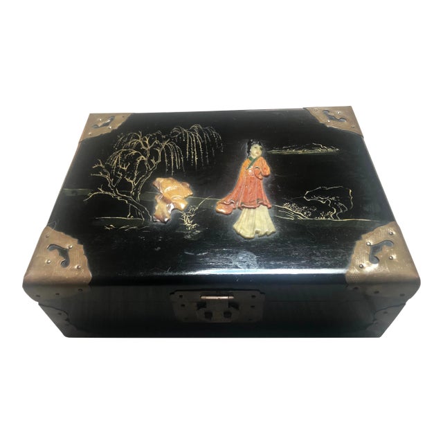 Vintage Mid Century Asian Black Inlaid Jewelry Box For Sale