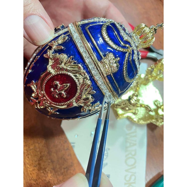 Pierre Lorren Handmade Faberge Egg Style Trinket Fabergé Egg Style Austrian Crystal Diamond Pure Gold Deco Hand Painted 5 Star Egg & Handmade Bracelet For Sale - Image 9 of 12