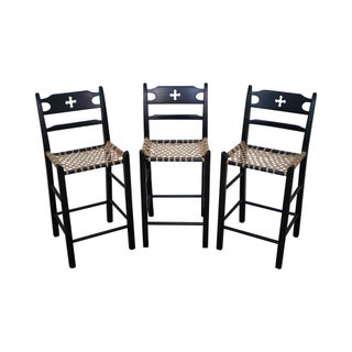 Black Painted & Woven Rawhide Seat Bar Stools - Set of 3 For Sale