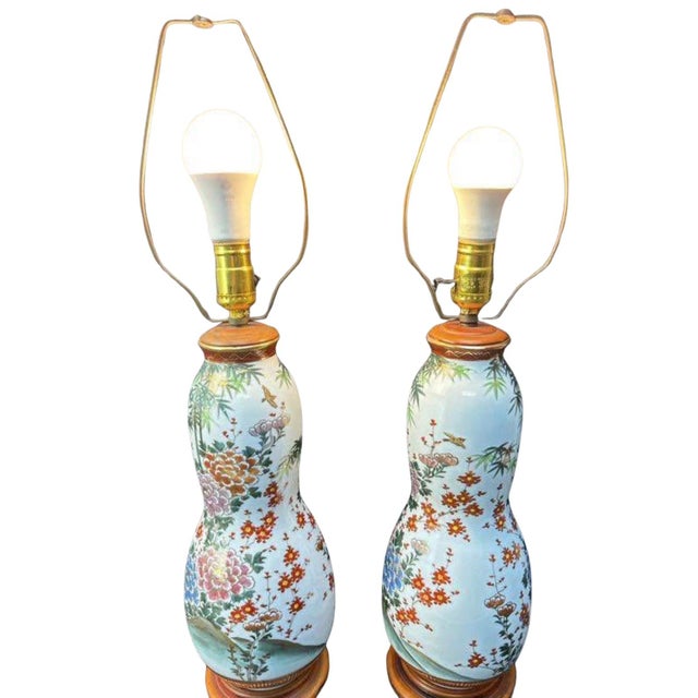 Vintage Porcelain Chinoiserie Floral Table Lamps 26" – Newly Rewired - a Pair For Sale - Image 10 of 10