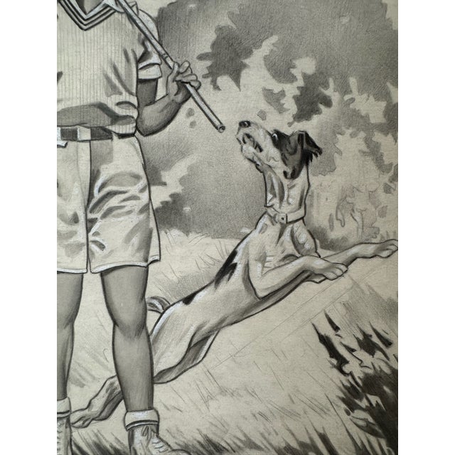 American 1940s Original Signed Graphite Illustration of Boy Fishing With Dog, 12 × 9.5 In. For Sale - Image 3 of 6