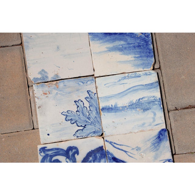 18th Century Antique Hand-Painted Portuguese Set of 6 Tiles With Rustic Scenic Decoration For Sale - Image 4 of 7