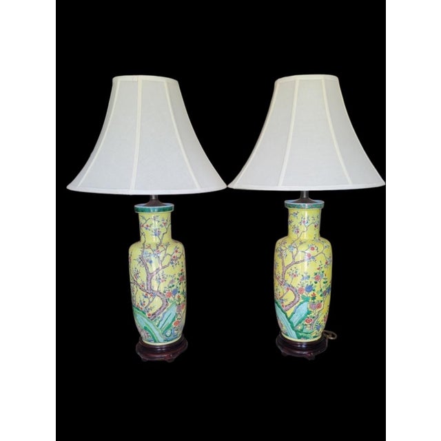 1980s Vintage Yellow Chinoiserie Cherry Blossom Tree Ceramic Table Lamps- A Pair For Sale - Image 5 of 10