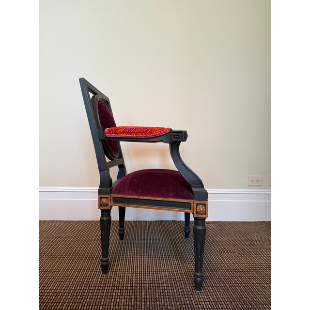 Hollywood Regency Ebonized Armchair With Bold Fabric For Sale In New York - Image 6 of 12