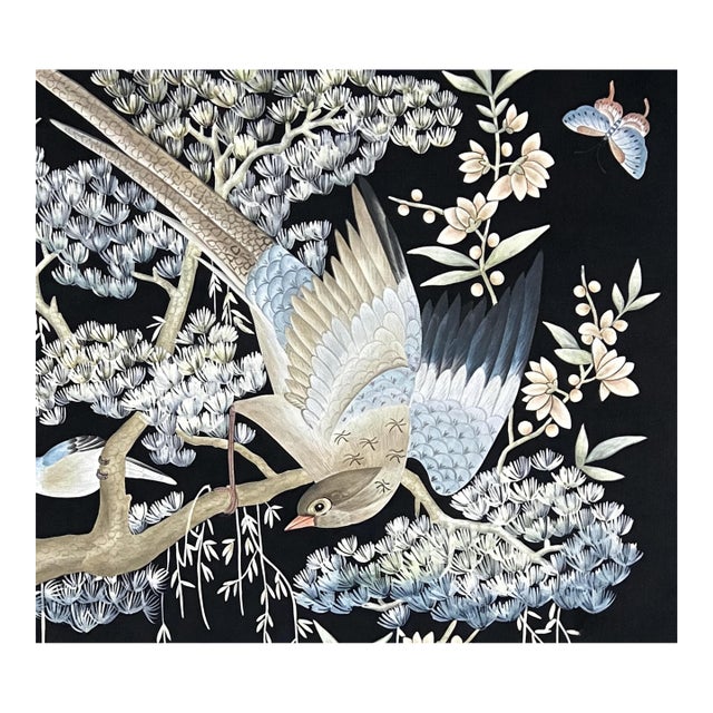 Hand Painted Chinoiserie Wallpaper Mural, Luxury Bird and Floral Wall Decor, Traditional Asian Botanical Wall Covering For Sale