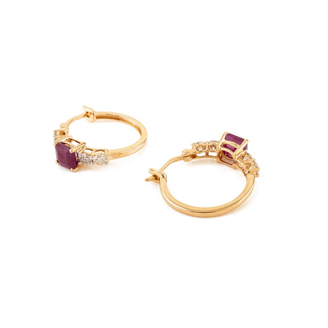 Metal Pinkish Red 1.99Ct Square Cut Ruby & Diamond Hoop Earrings in 14k Yellow Gold- A Pair For Sale - Image 7 of 13