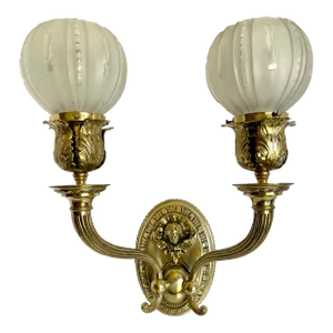 Cast Brass and Etched Glass Double Arm Electric Wall Sconce
