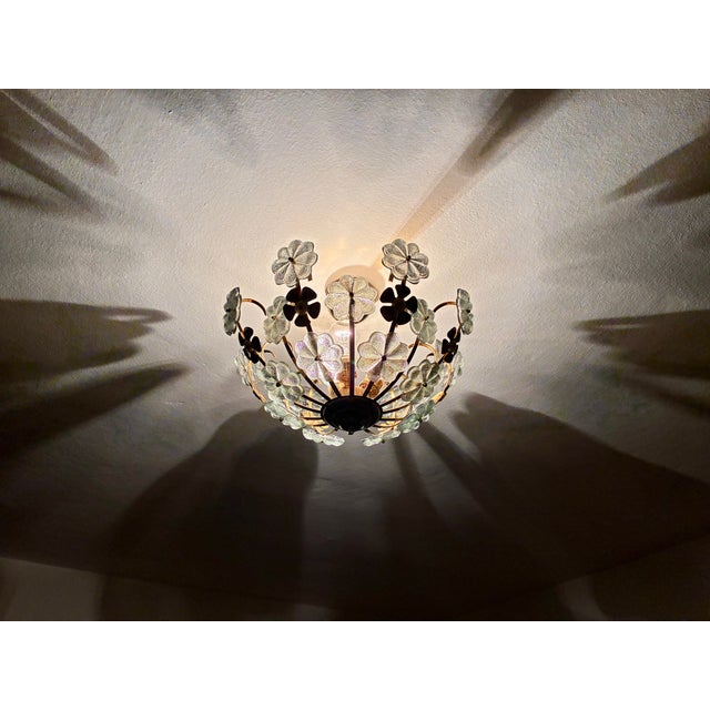 Vintage Italian Hand-Painted Sage Green Glass & Brass Floral Flush Mount Chandelier For Sale - Image 17 of 18