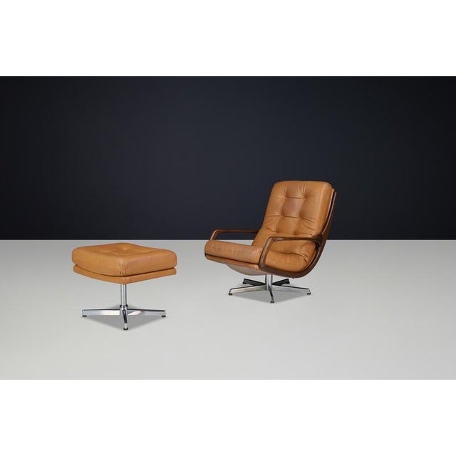 Brown Set of Swivel Lounge Chair and Ottoman in Cognac Leather attributed to Eugen Schmidt, Germany, 1970s, Set of 2 For Sale - Image 8 of 16