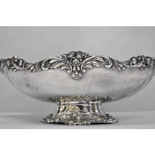 Vintage Lunt Victorian Silver Plated Oval Pedestal Base Rose Pattern Fruit Bowl For Sale - Image 4 of 17