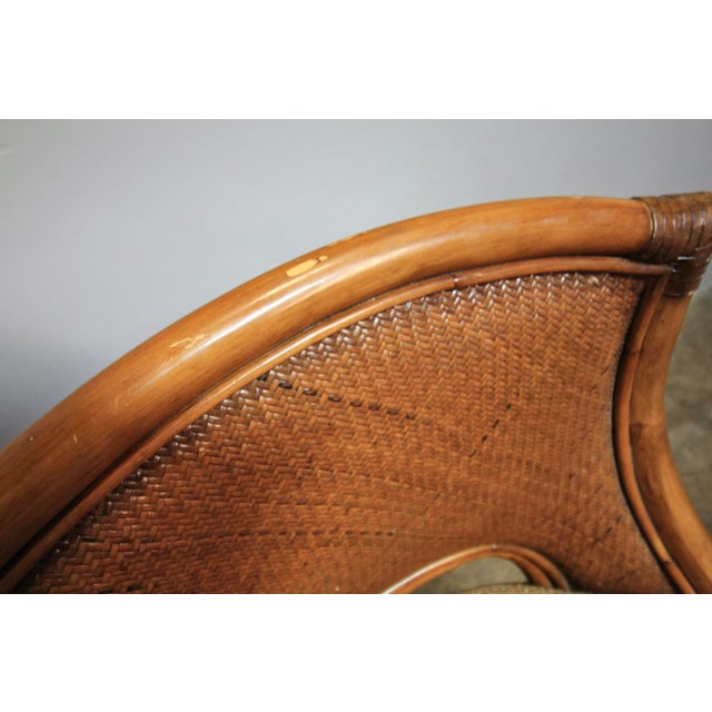 Chippendale Pair Vintage Coastal Woven Rattan Stools With New Upholstered Cushions For Sale - Image 3 of 7